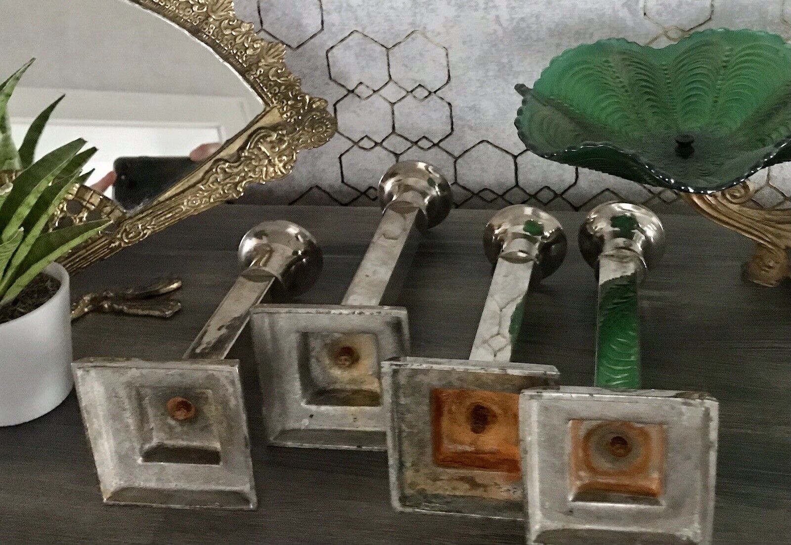 4 Kerzenleuchter Kerzenständer Leuchter Art Déco Stil versilbert? kantig