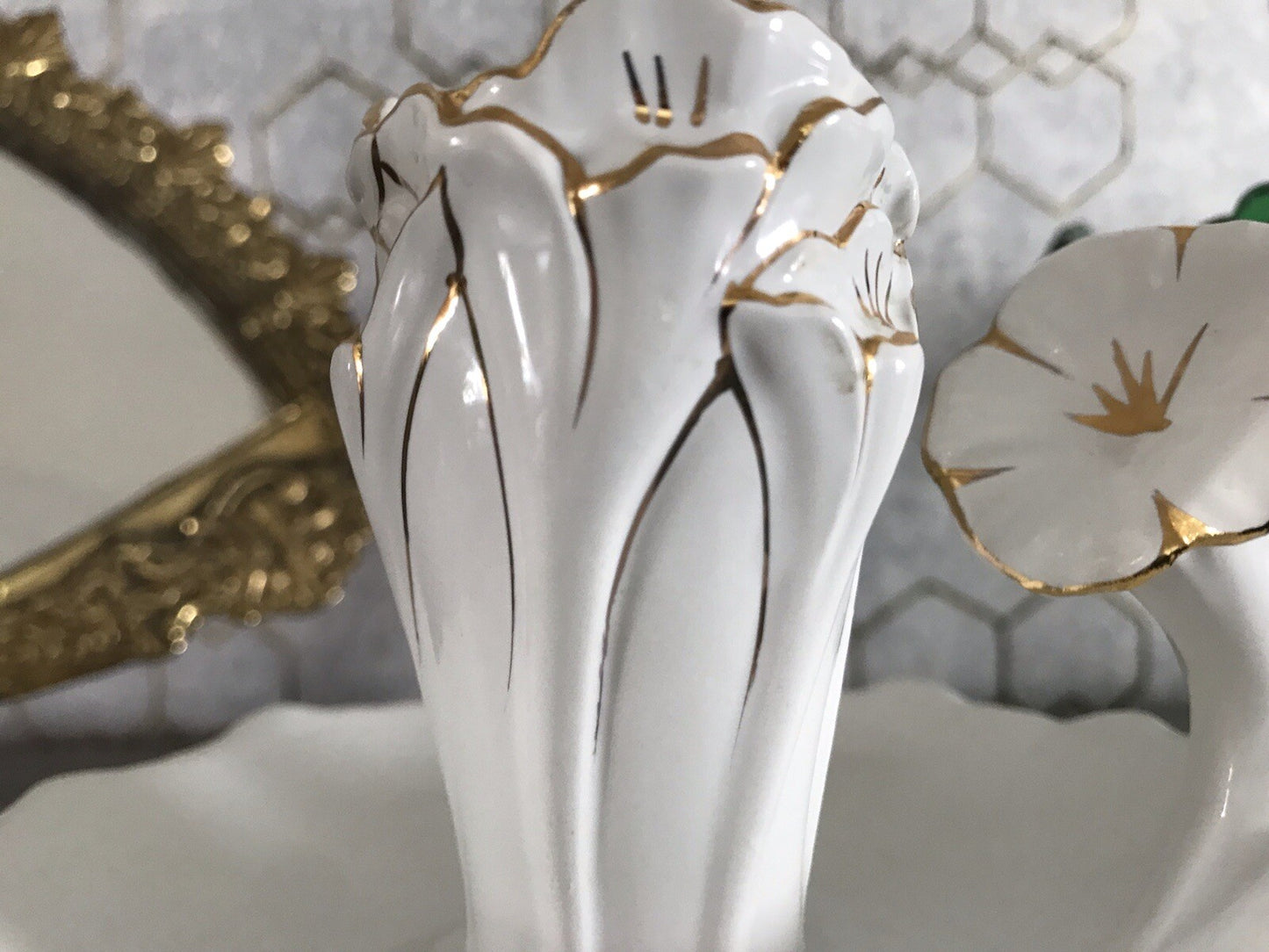 Antik reines Jugendstil Porzellan Kammerleuchter Leuchter weiß gold Libelle