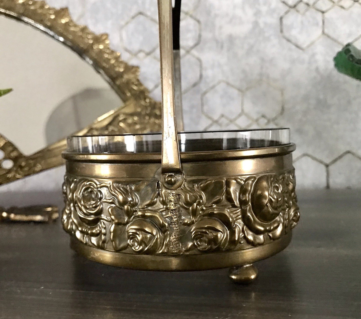 Antik Jugendstil Art  Déco Messing Montur Rosen Schale Bonboniere Glaseinsatz