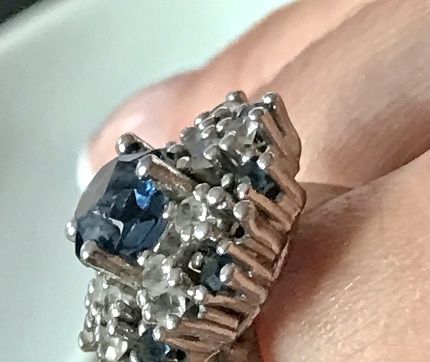 Vintage Entourage Halo Ring farblose Steine & Saphir Silber 835  ~Gr.55 17,5