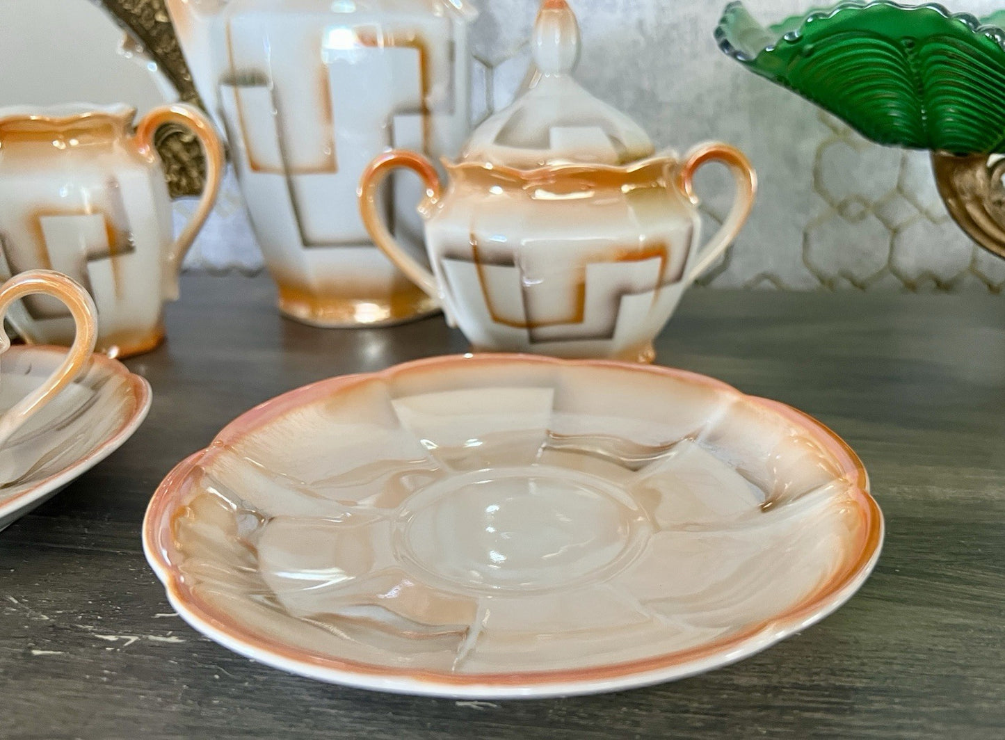 Antik Art Déco Porzellan Kaffeeservice Spritzdekor Bauhaus Teté a Téte 2 Pers.