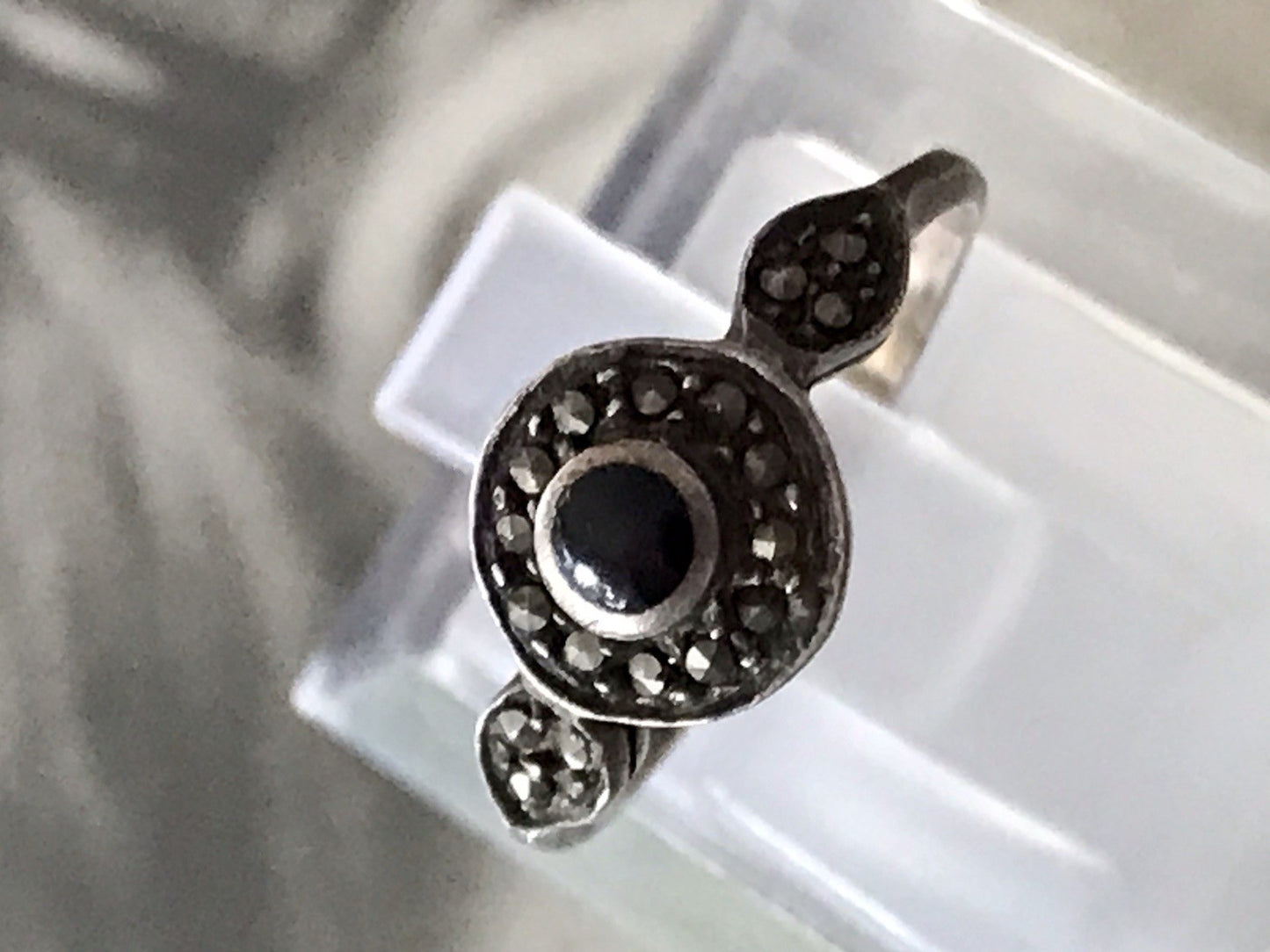 Antik Art Déco Edel Onyx Markasite DAMEN RING Silber 925 Gr.51 16,2