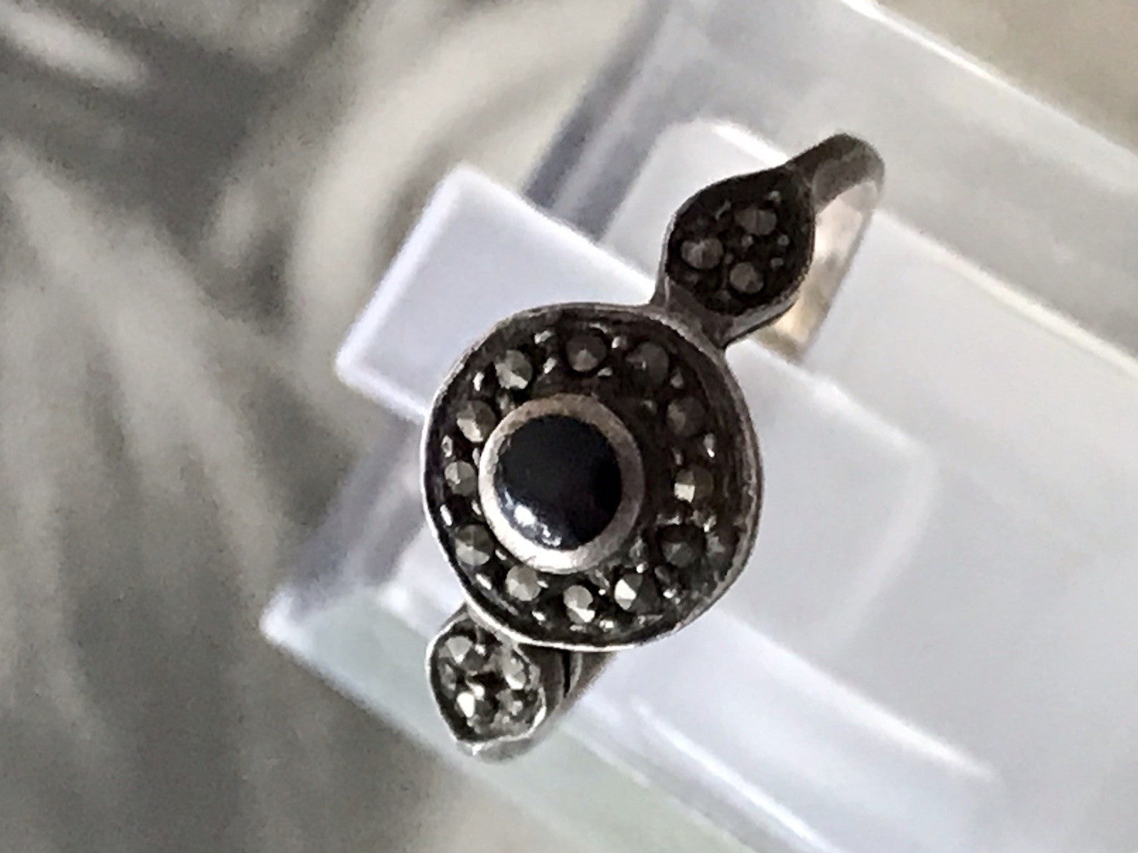 Antik Art Déco Edel Onyx Markasite DAMEN RING Silber 925 Gr.51 16,2