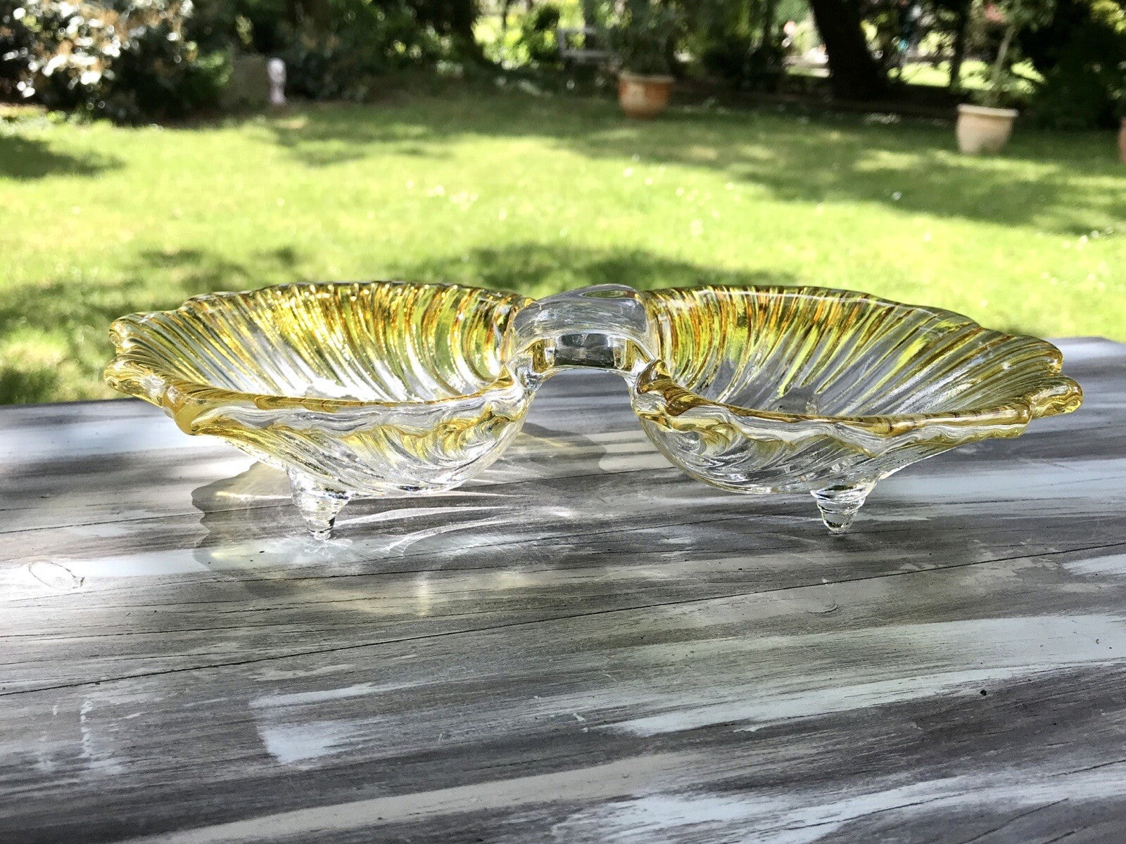 Vintage 70er Glas Schale Anbietschale Muschel Walther Glas Kultig gelb