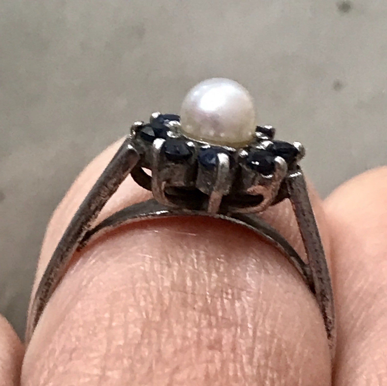 Antik? Vintage Art Déco Damen Ring Perle Spinell ? Saphir? Silber 925 Gr.57 18,1