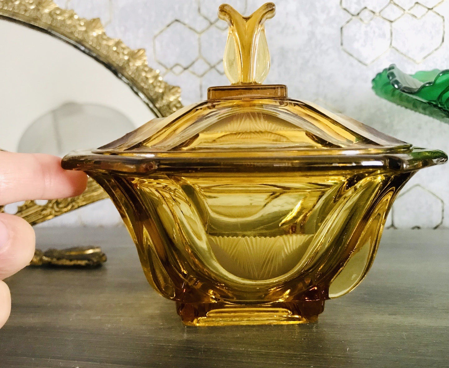 Antik Art Déco Dose Glasdose Pressglas Bernstein Gelb Amber