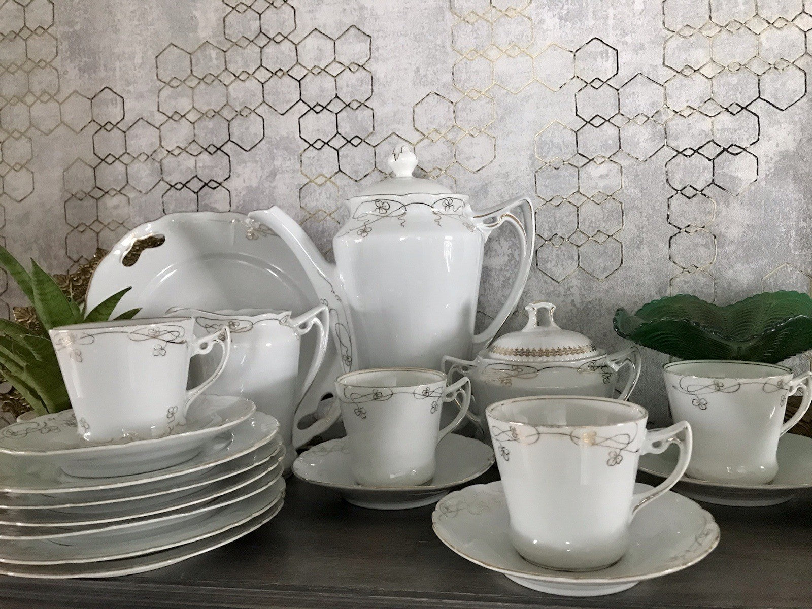 Antik reines Jugendstil Porzellan Kaffeeservice weiß gold 5 Pers. WOW!