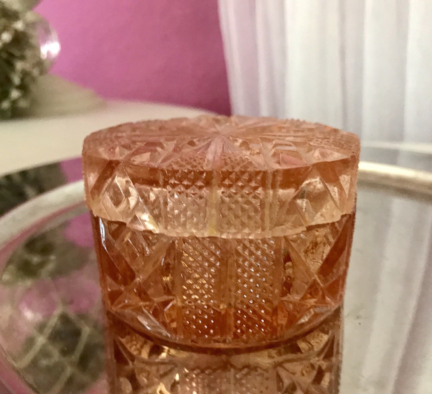 Antik Art Déco Dose Deckeldose Zierdose Pressglas Rosalin rosa Glas