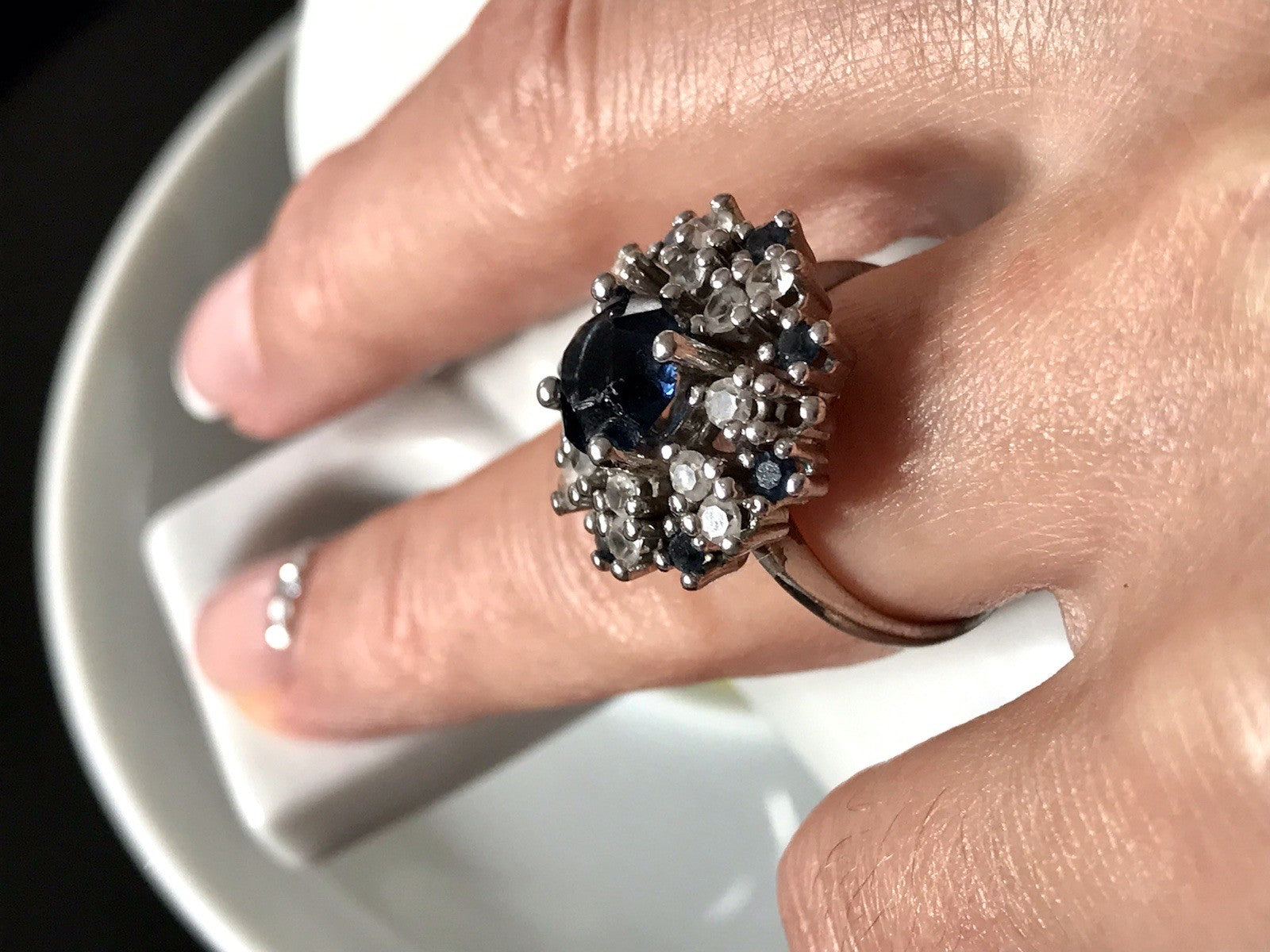 Vintage Entourage Halo Ring farblose Steine & Saphir Silber 835  ~Gr.55 17,5