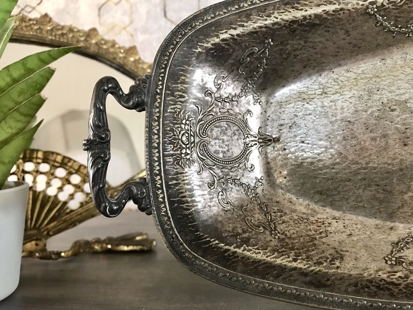 Antik Schale versilbert Art Nouveau Jugendstil  um 1900 oval Handhaben Relief