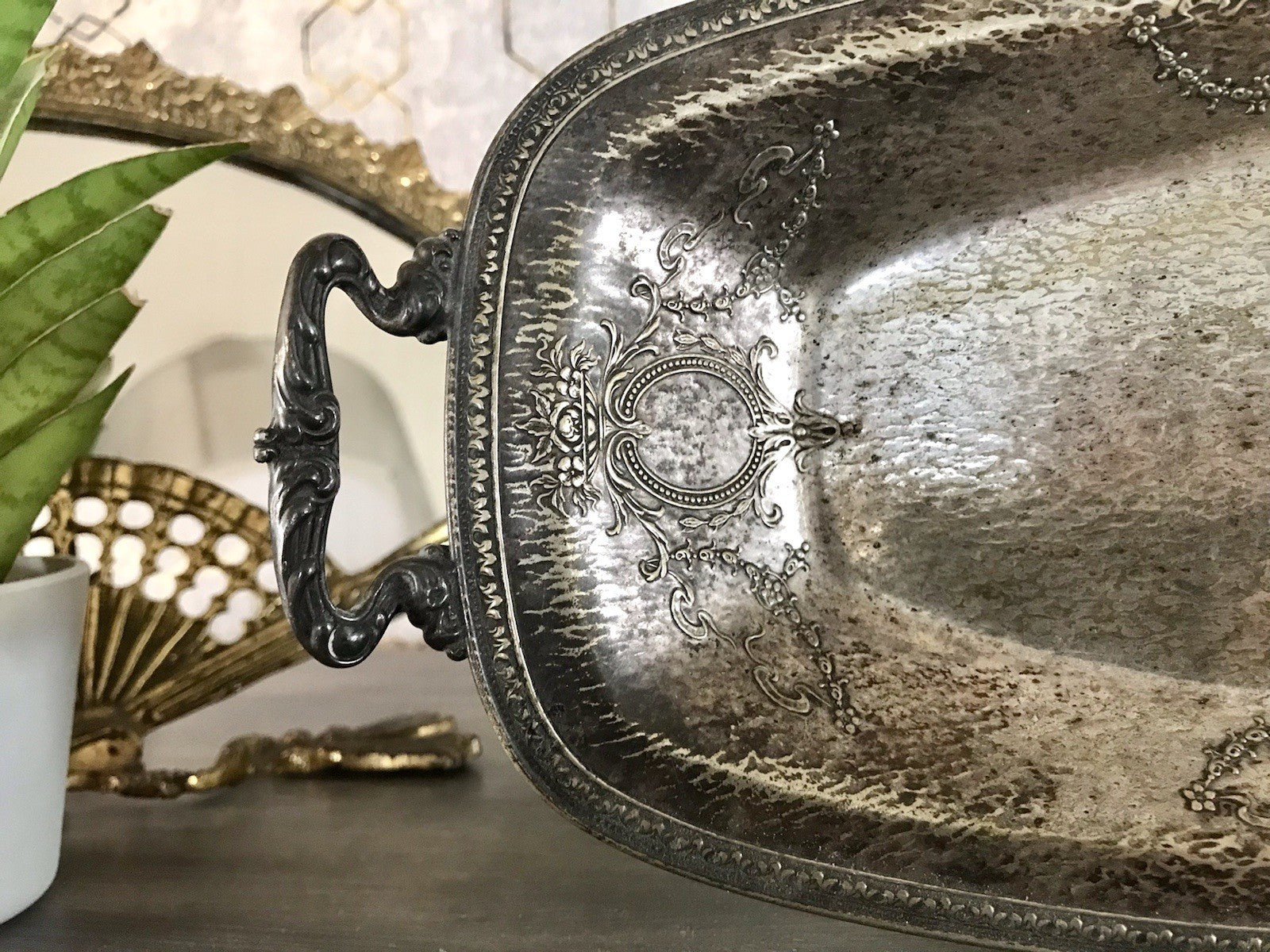 Antik Schale versilbert Art Nouveau Jugendstil  um 1900 oval Handhaben Relief