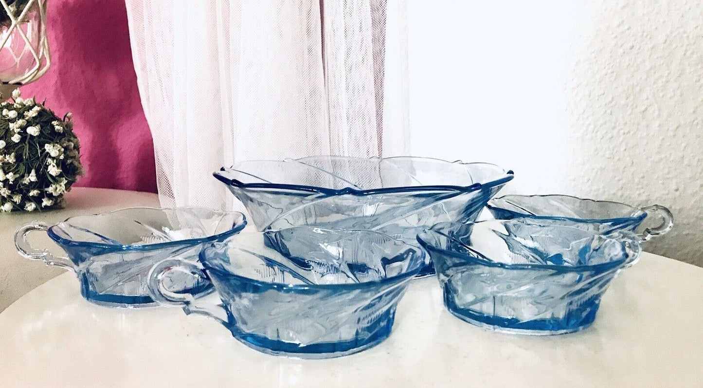 Antik Set blau Dessert Kompott Eis Schale 5x Schälchen Pressglas Art Déco Griffe