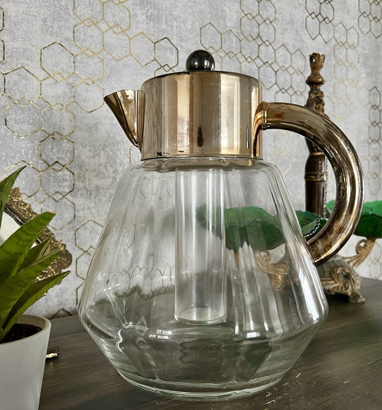 Antik Art Dèco DRGM Karaffe Kalte Ente  Glas optisch gerippt versilberte Montur