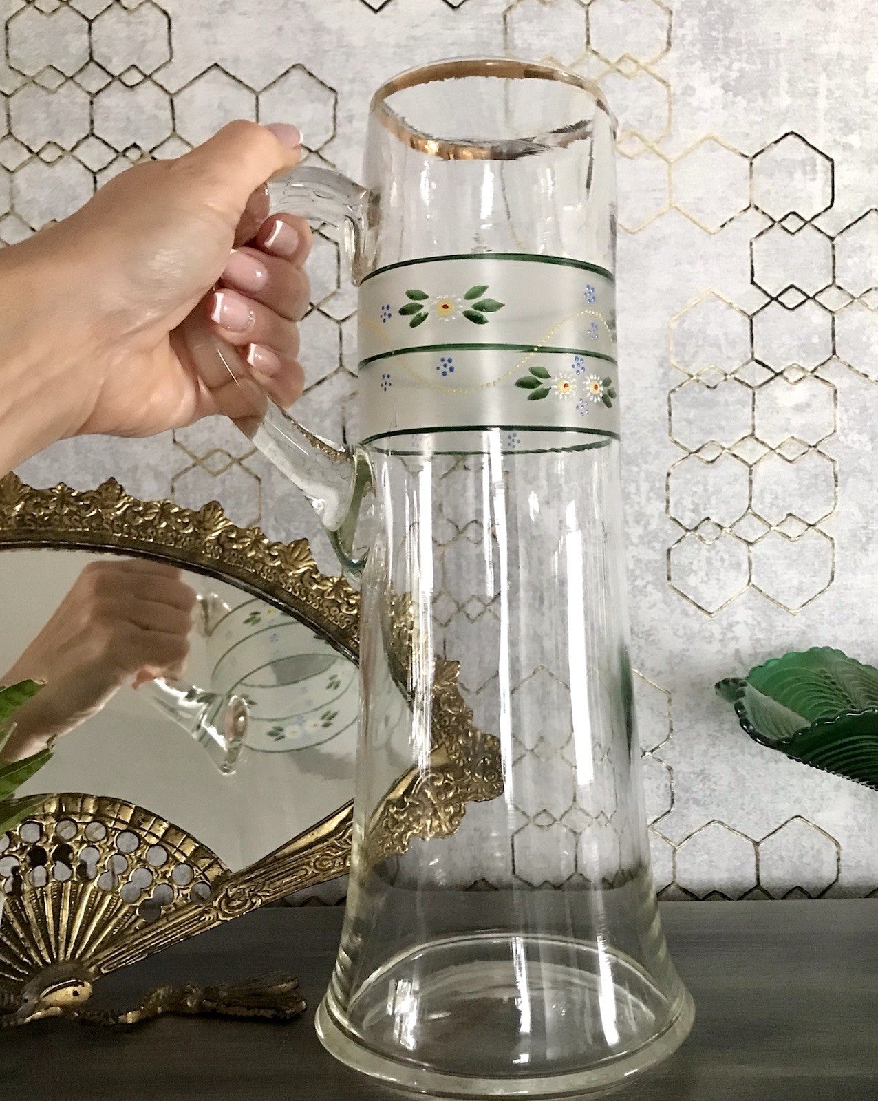 Antik Jugendstil große Karaffe Krug Schankkrug Emaile Golddekor Kanne