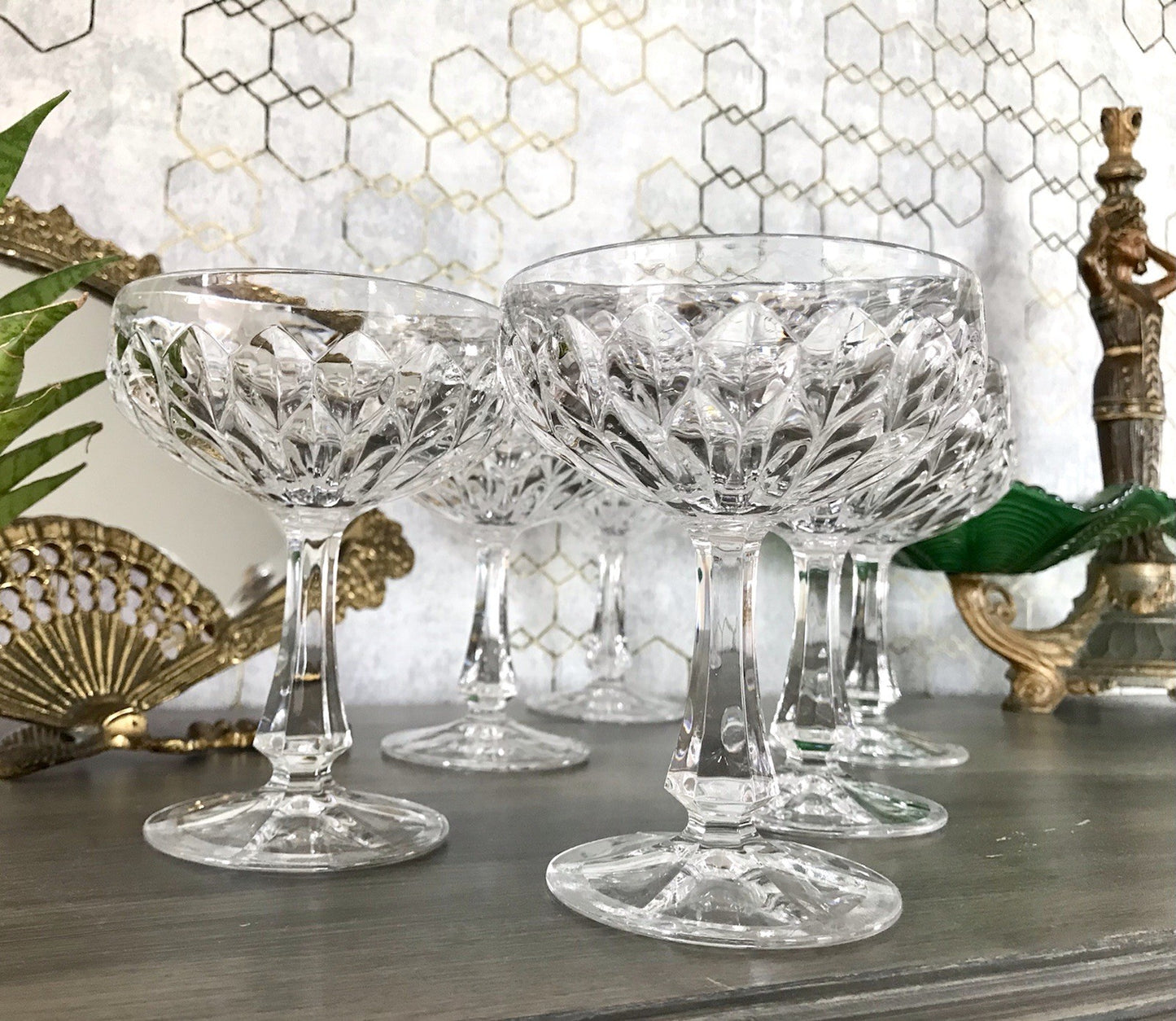 Vintage 9x Champagnerschalen Sektschalen Kristallglas Schliff Bleikristall