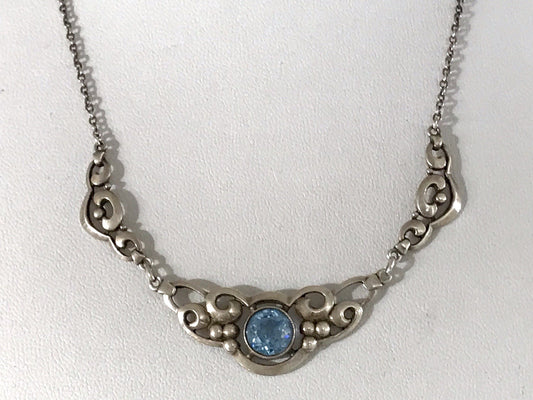 Antik 835 Sterling Silber Collier Halskette Kette Blauer Stein FBM