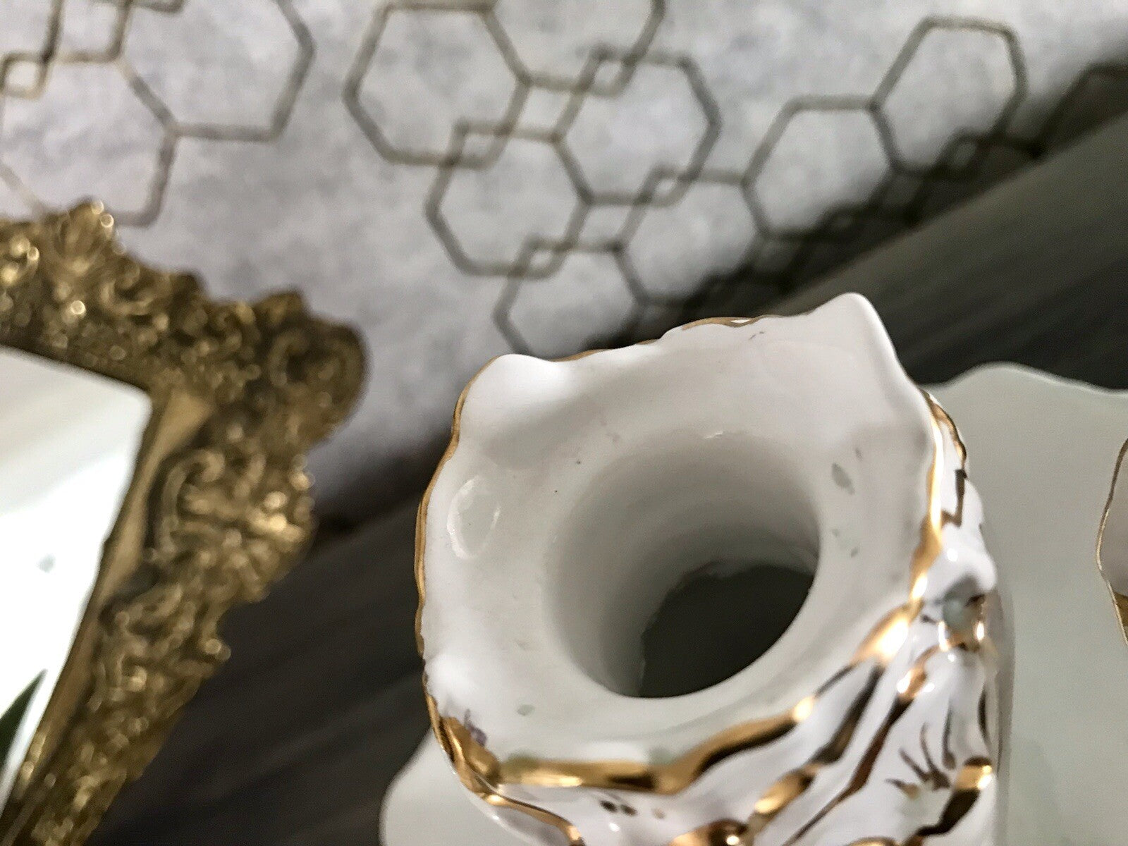 Antik reines Jugendstil Porzellan Kammerleuchter Leuchter weiß gold Libelle