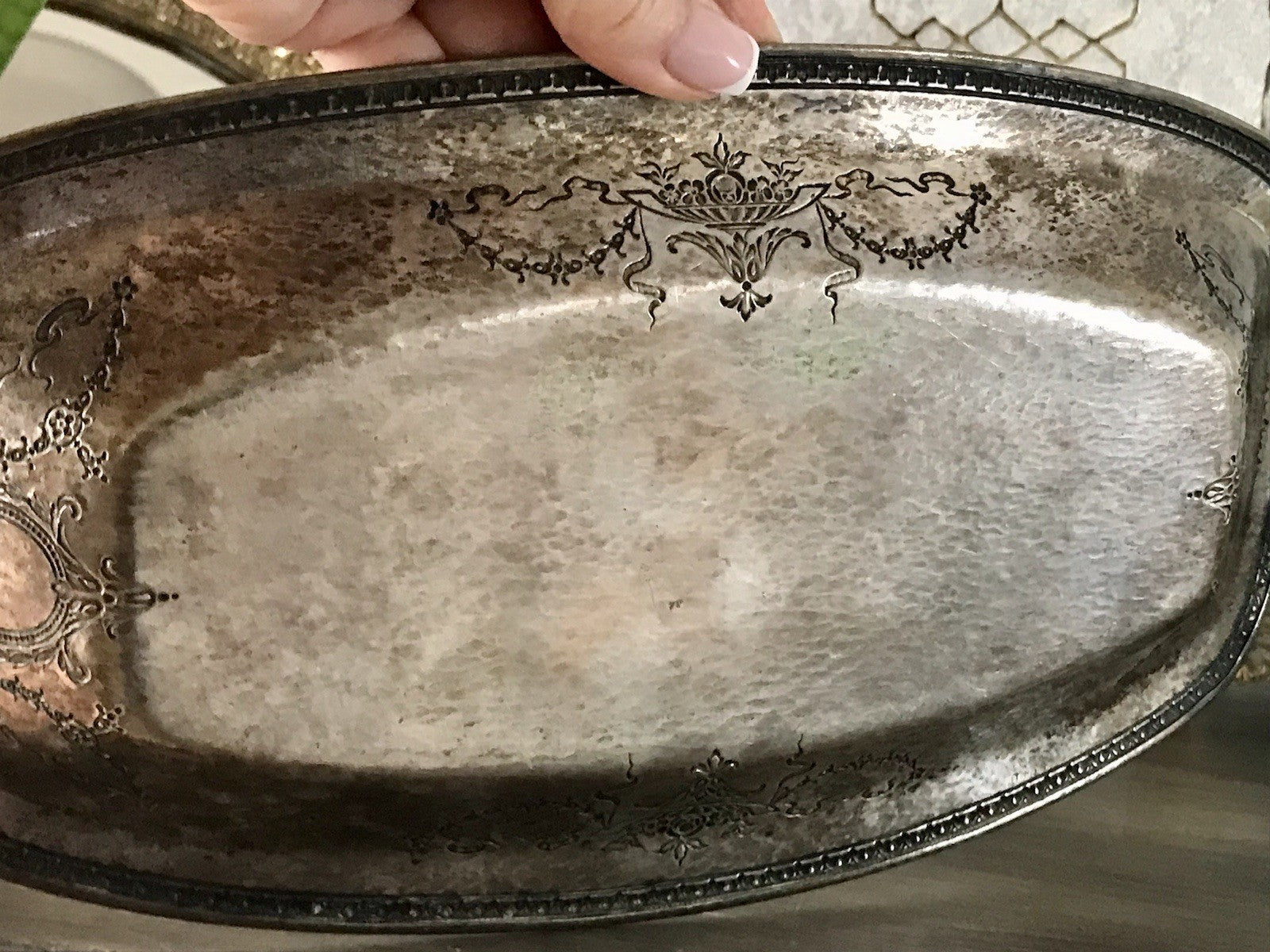 Antik Schale versilbert Art Nouveau Jugendstil  um 1900 oval Handhaben Relief