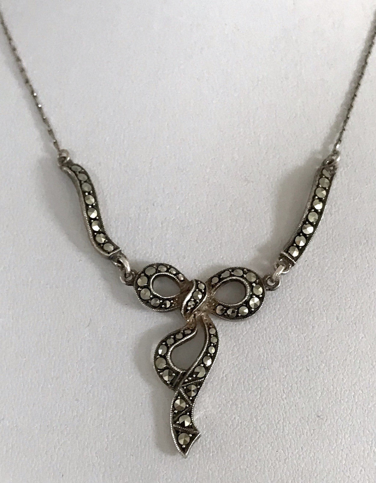 Antik Edel Jugendstil 835 Silber Collier Halskette Markasite Schleife