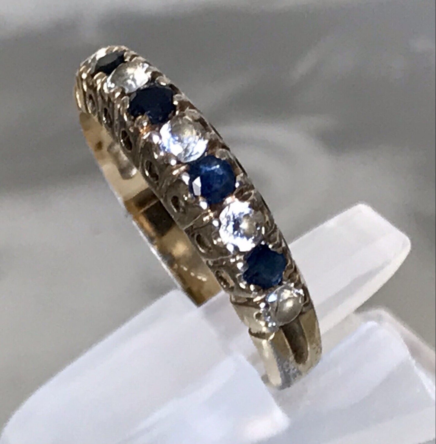 Antik Vintage Damen Memory Ring blaue farblose Steine Silber 800 Gr.57 vergoldet