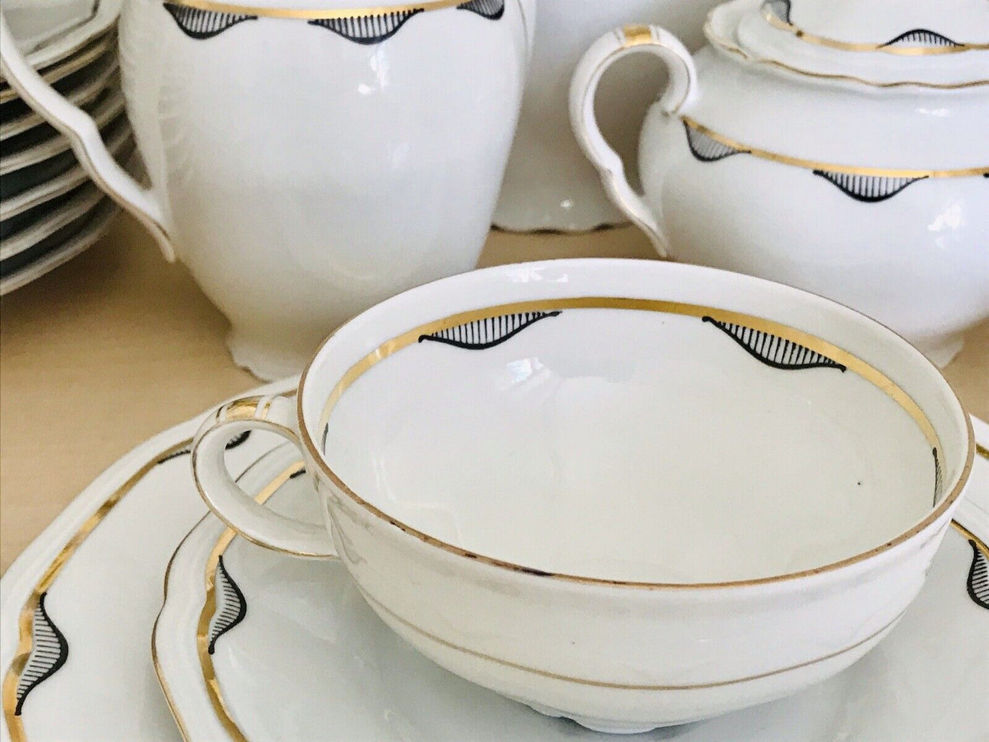 Antik Art Déco Porzellan Kaffeeservice 10 Pers. ivory schwarz gold