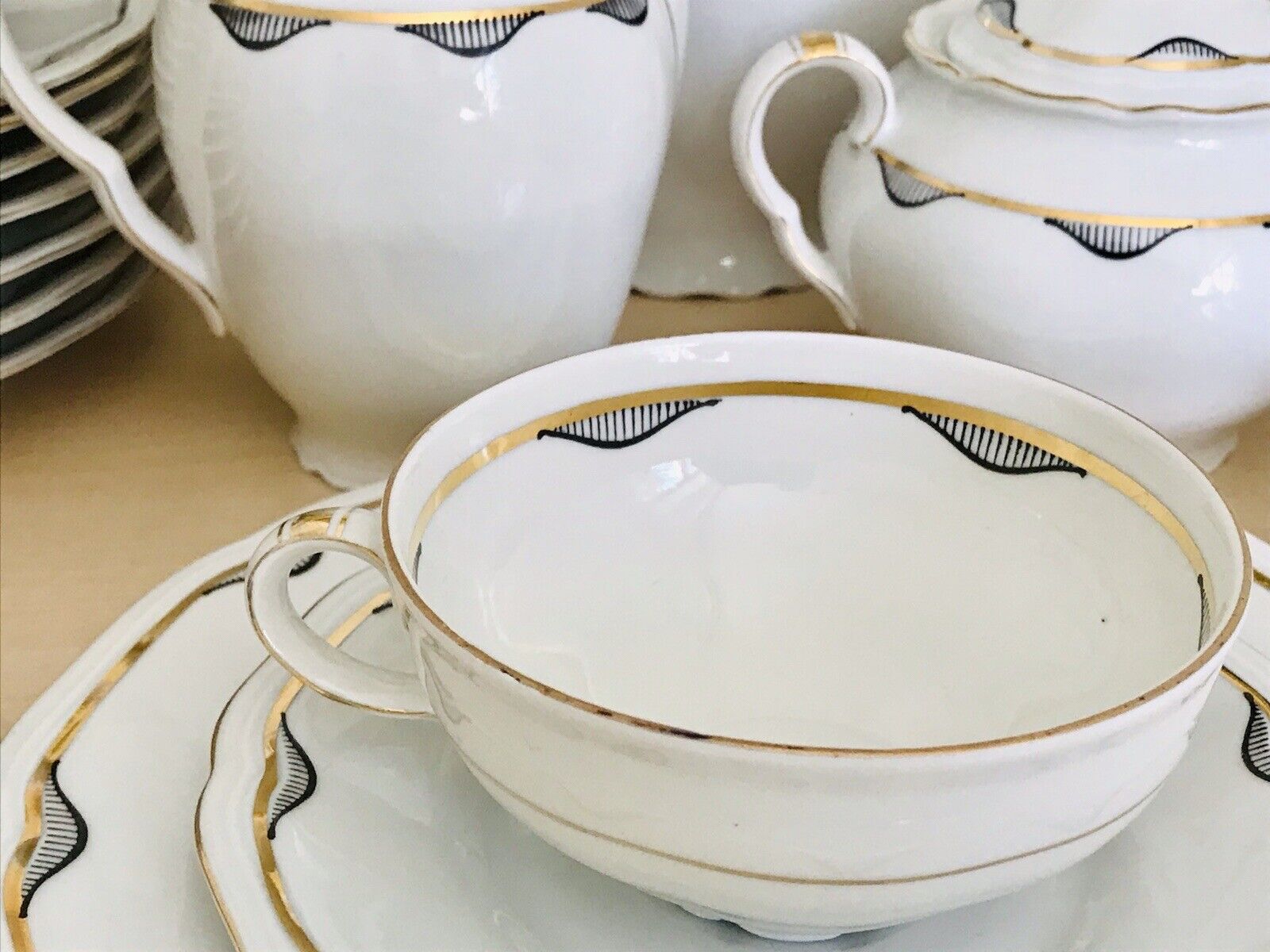 Antik Art Déco Porzellan Kaffeeservice 10 Pers. ivory schwarz gold
