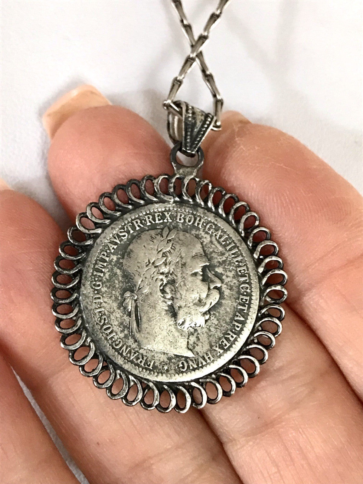 Antik Halskette Münze Kaiser Franz 1902 Anhänger Kettenanhänger Silber 835