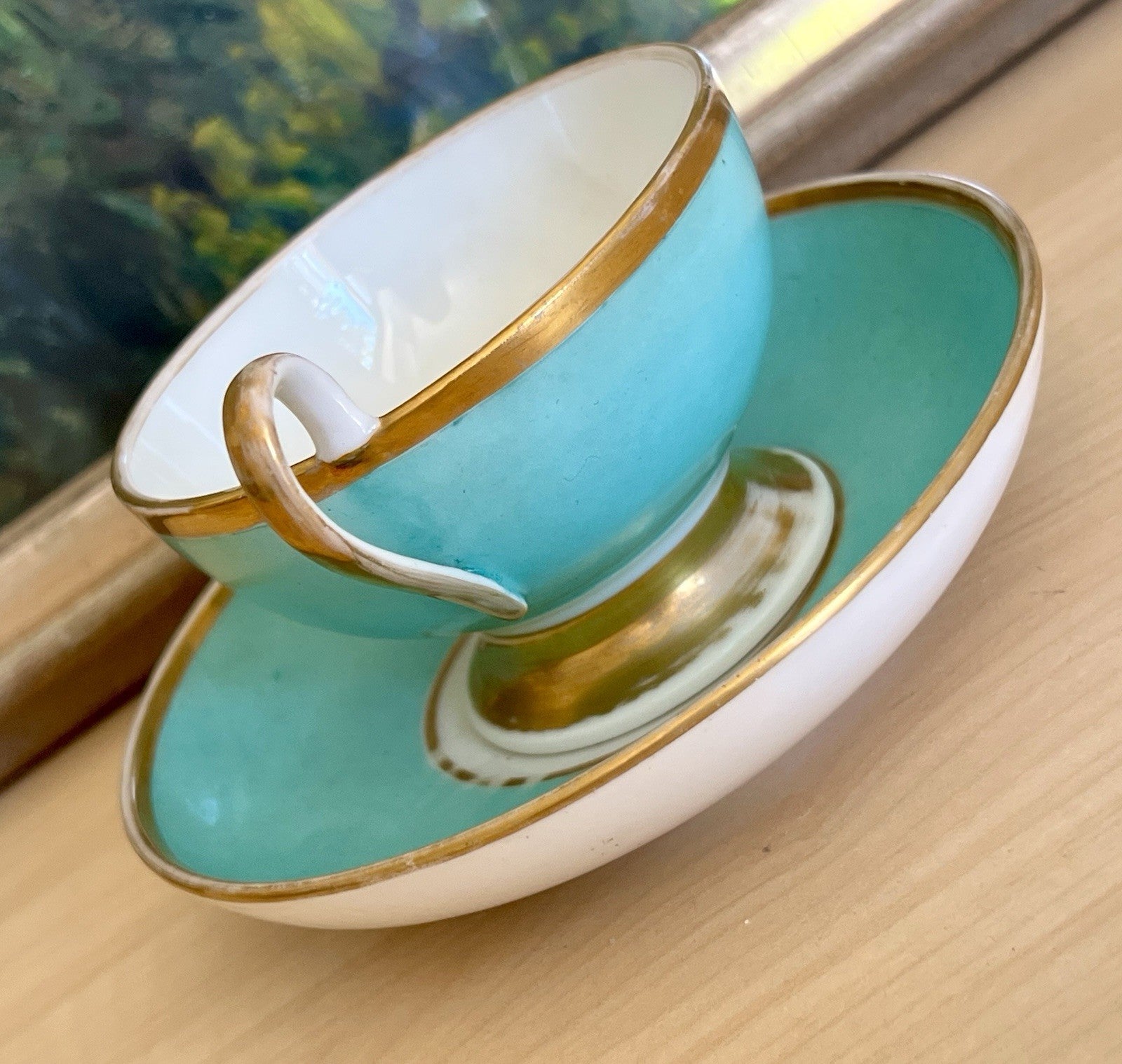 Antik Biedermeier Porzellan Kaffeegedeck Tasse Teetasse schön weiß türkis gold!
