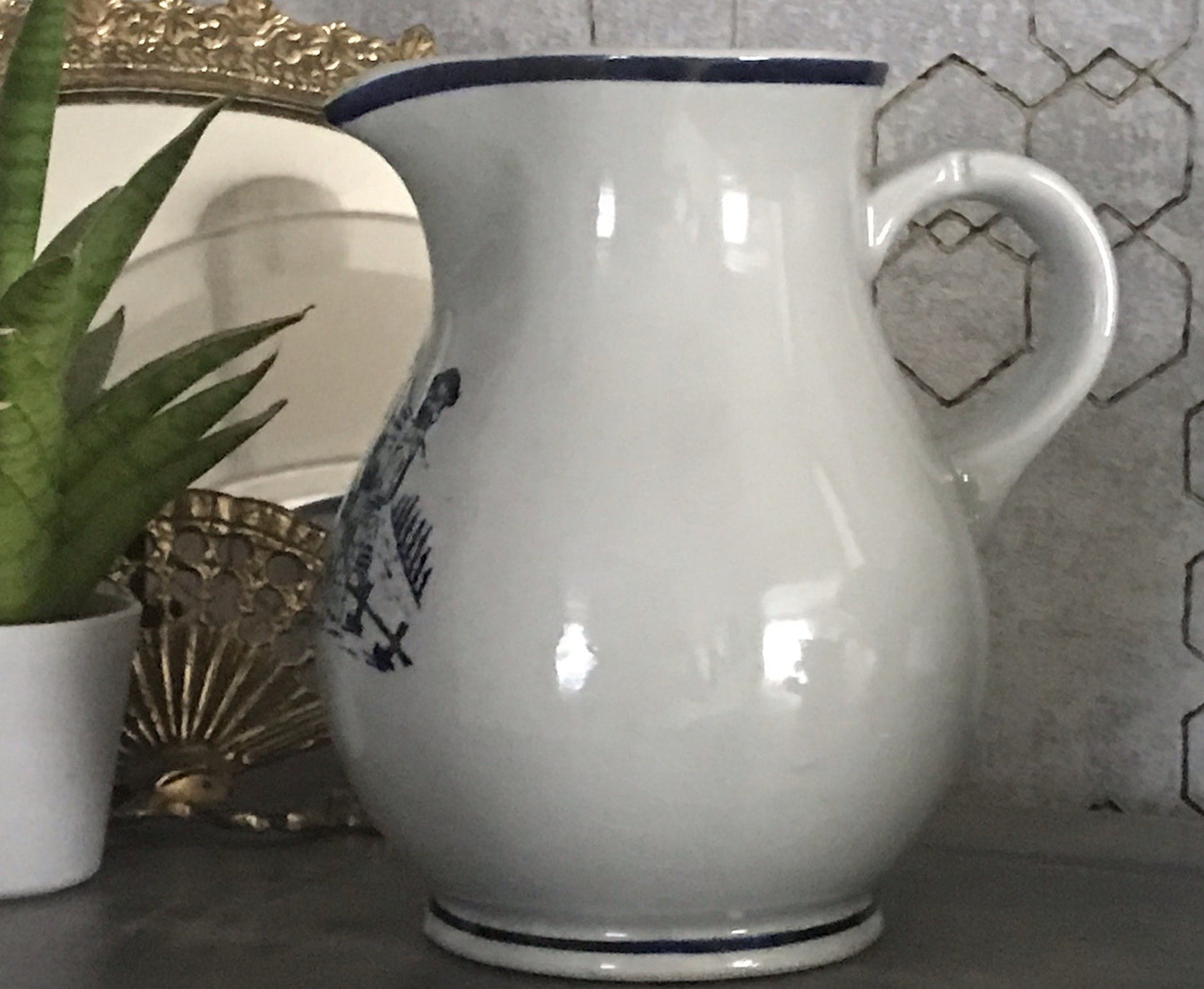 Antik Vintage alt Schankkrug Keramik Steinzeug Weinkrug Kanne grau blau Weinlese