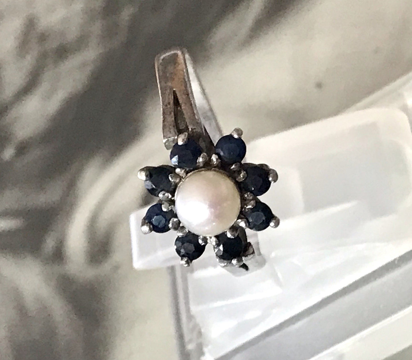 Antik? Vintage Art Déco Damen Ring Perle Spinell ? Saphir? Silber 925 Gr.57 18,1