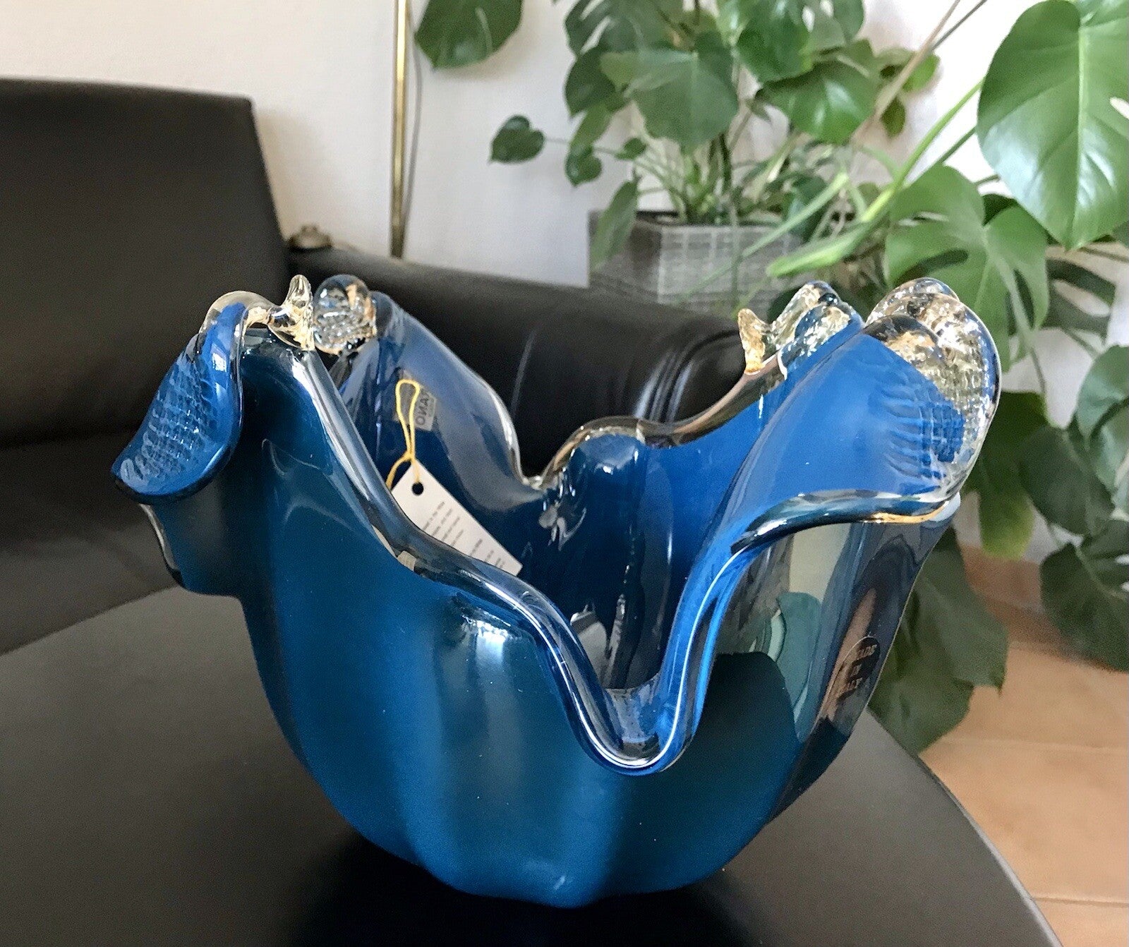 Vintage Murano Schale Vase Glas Petrol Blau metallic irisierend Edel Aufkleber