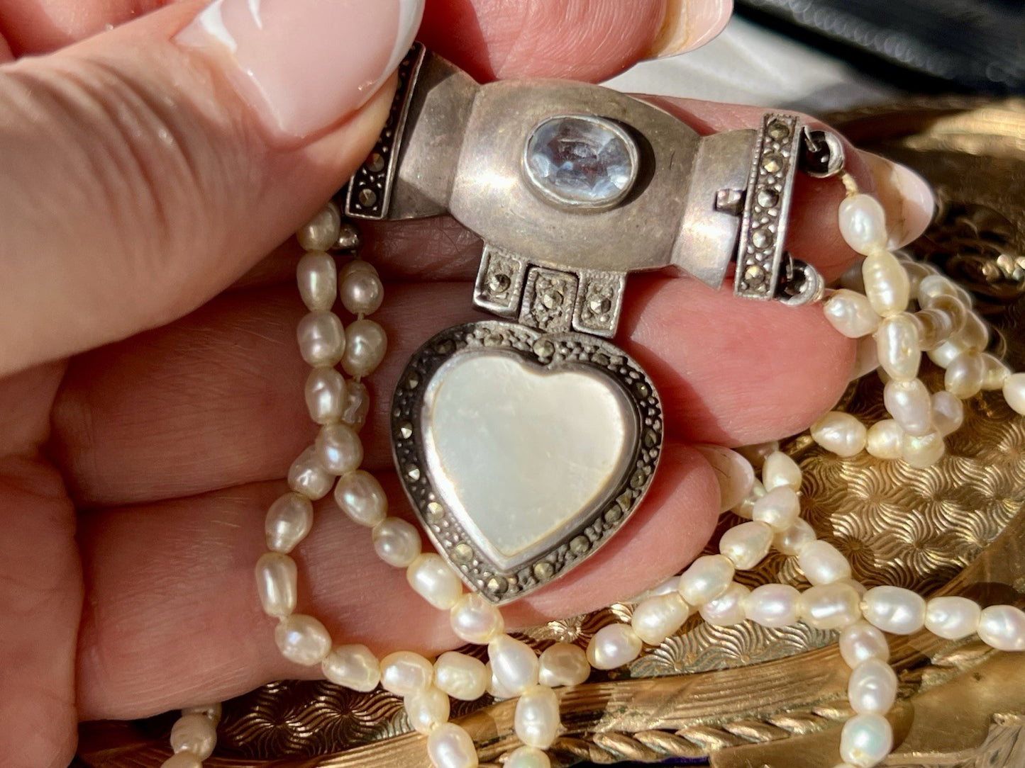 Antik  Jugendstil Silber Collier Perlen Halskette Herz Markasite blauer Stein