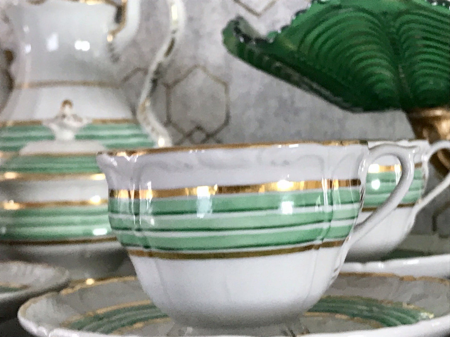 Antik Historismus Porzellan Kaffeeservice Mokkaservice weiß grün Schumann Moabit