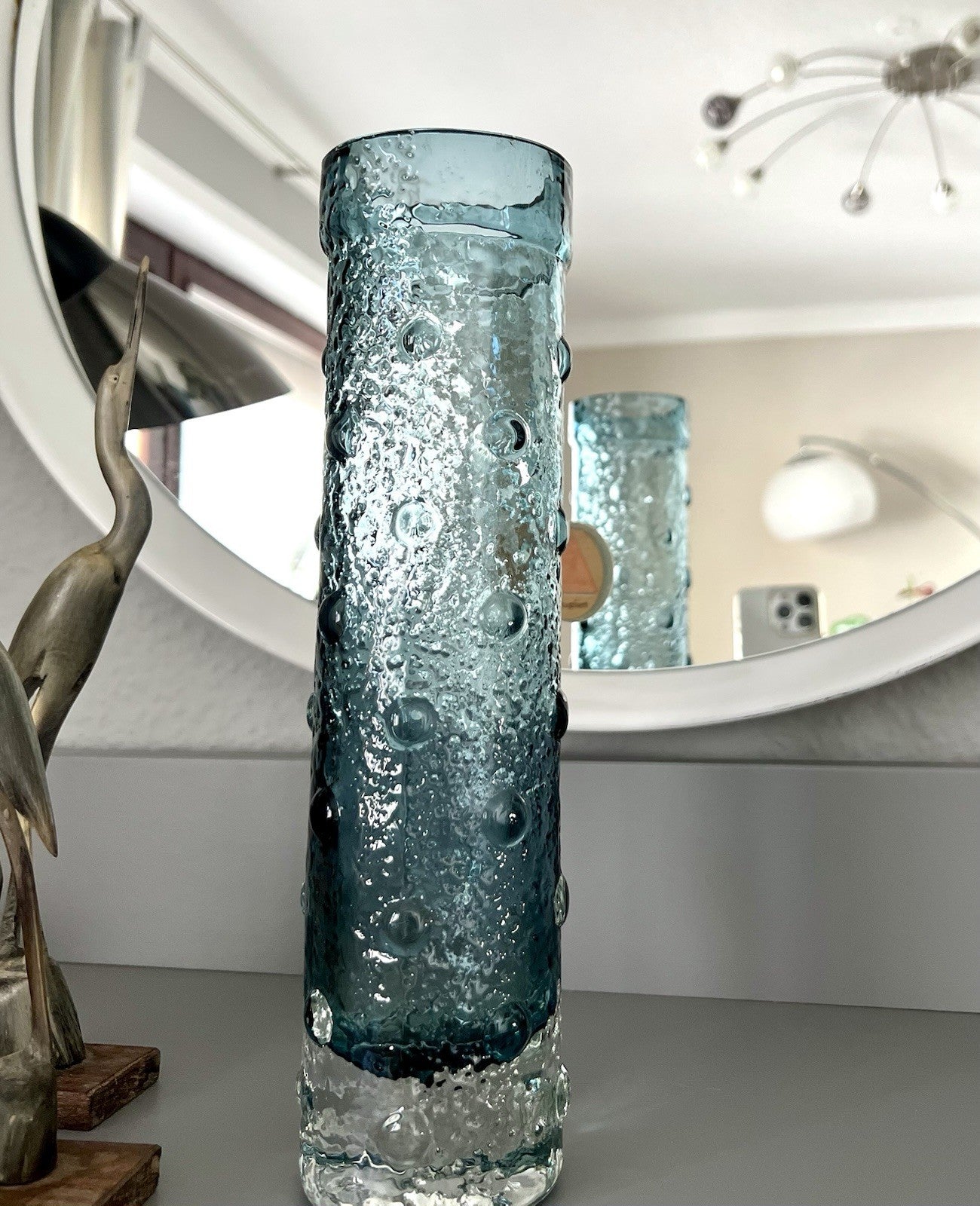 Vintage 60er Riihimäki Lasi Designer Glasvase Vase Glas graublau Finnland Rauch