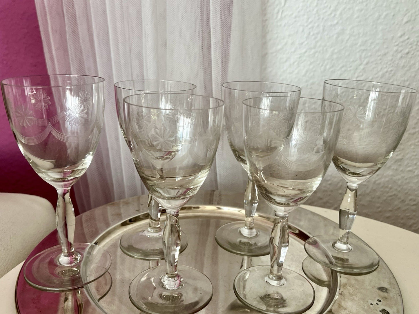 Antik 6 Weingläser Glas So Schön! guillochierte  Borte Edel