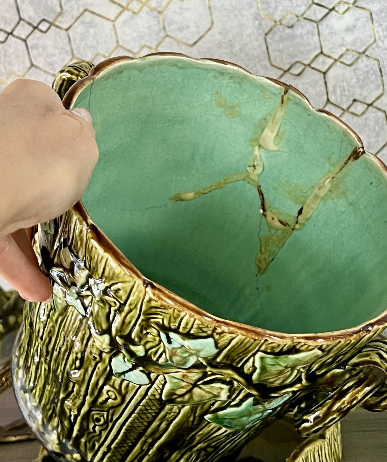 Antik Keramik Majolika Pflanzen Übertopf  & Untersetzer Efeuranken Jugendstil