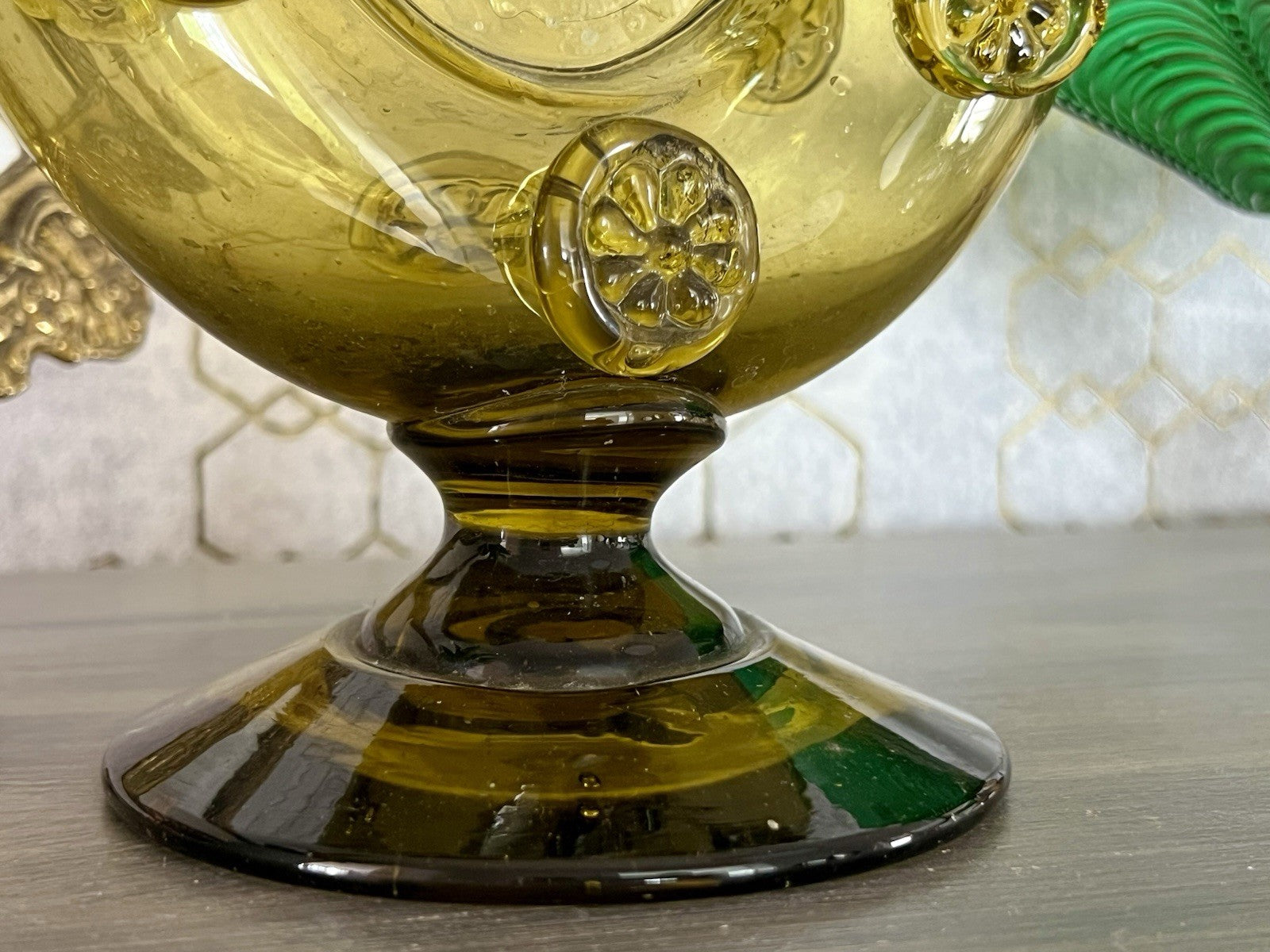 Antik Krug Karaffe Kanne Glas mundgeblasen Waldglas Nuppen FadenAuflagen ~1870