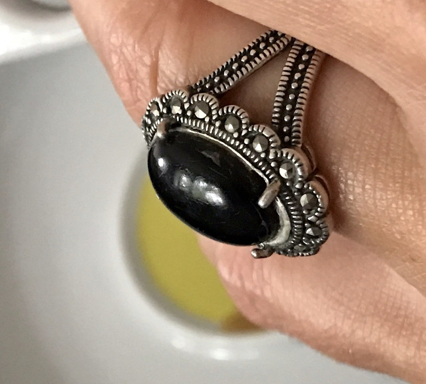 Antik? alt Art Déco Edel Onyx Markasite DAMEN RING Silber 925 Gr.57 18,1