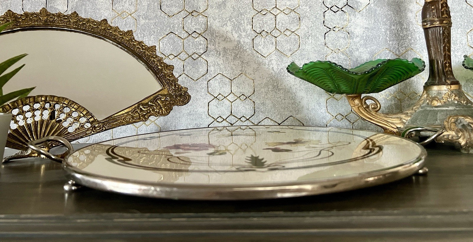 Antik WMF Jugendstil Art Deco Tortenplatte  Metallmontur Porzellan Keramik