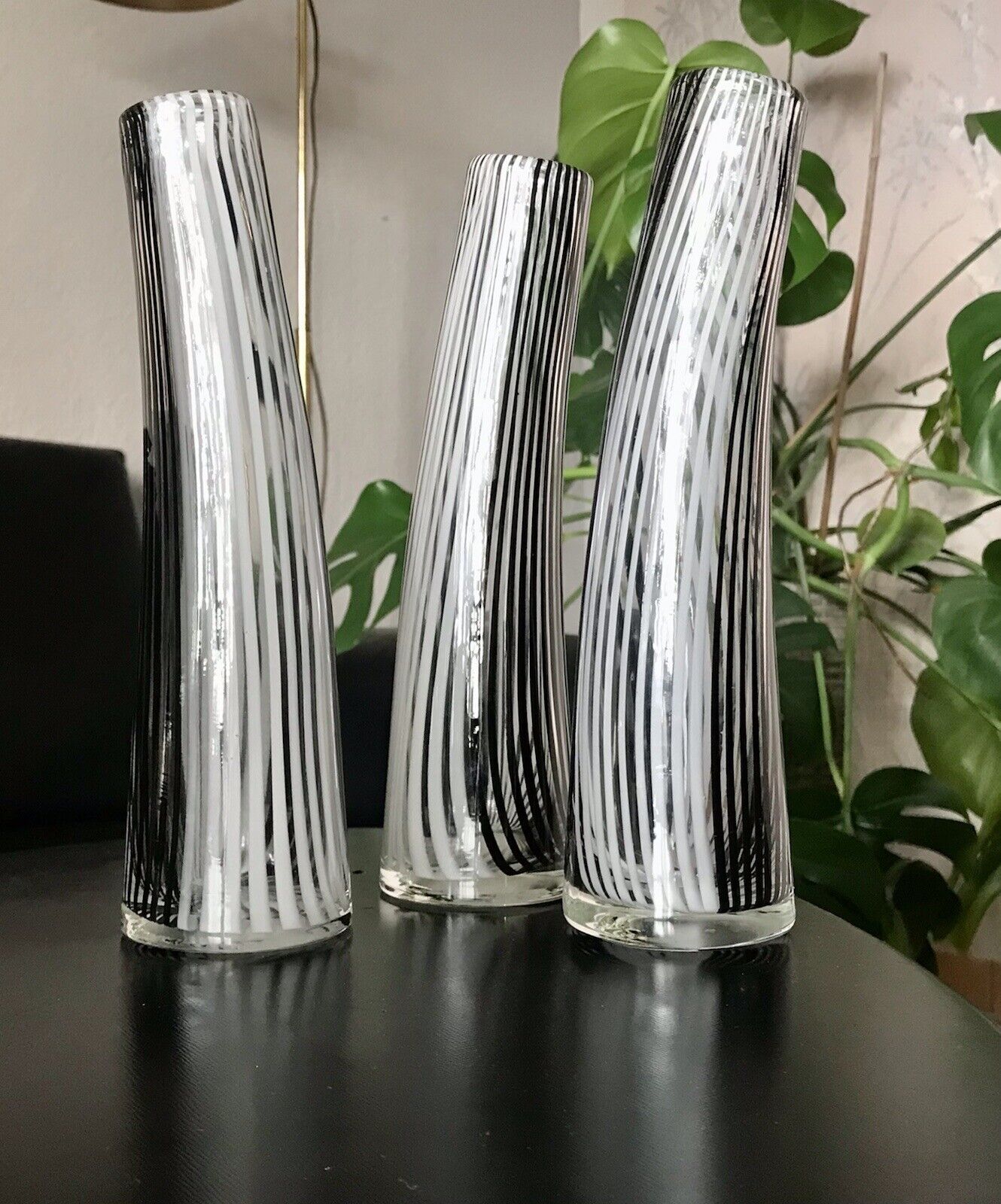 Vintage 3x Dino Martens Vase Glasvase Bianca Nero Streifen Glaskunst Murano