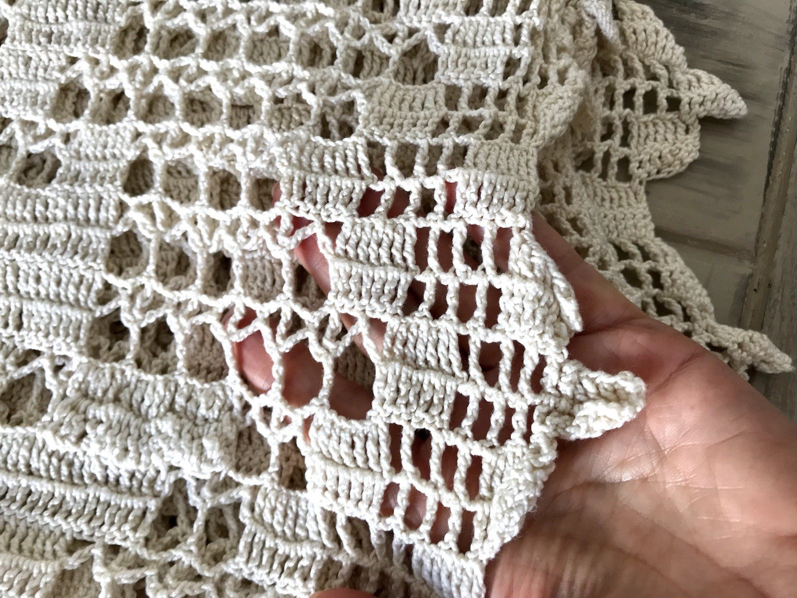 Antik Häkelspitze Tischdecke gehäkelt Creme Baumwolle Spitze Landhaus 170x145