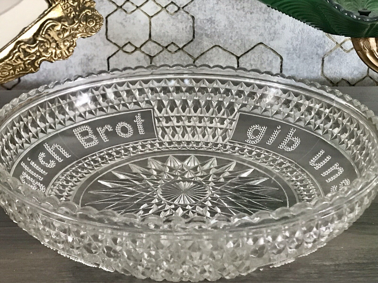 Art Déco Pressglas Schale Antik Brotschale Unser täglich Brot gib uns heute Glas