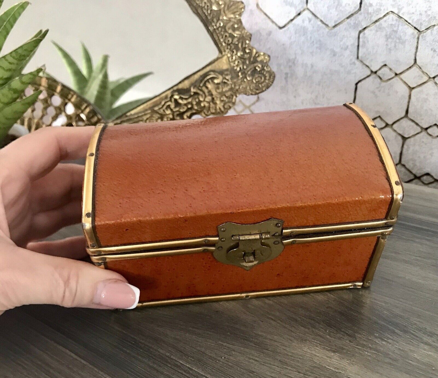Vintage Schatulle Schmuckdose Dose Kästchen Leder bezogen Cognac