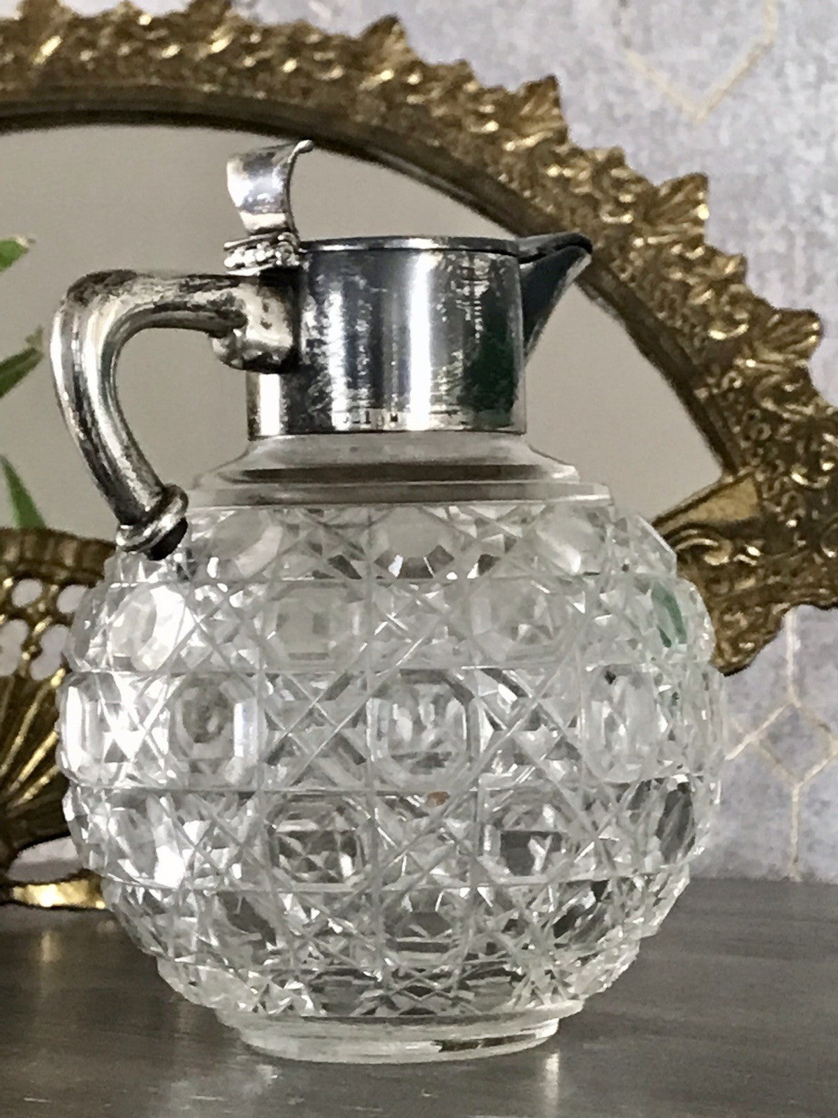 Antik EDEL Schliff Karaffe Kännchen Silber 800 Kristall Glaseinsatz Jugendstil