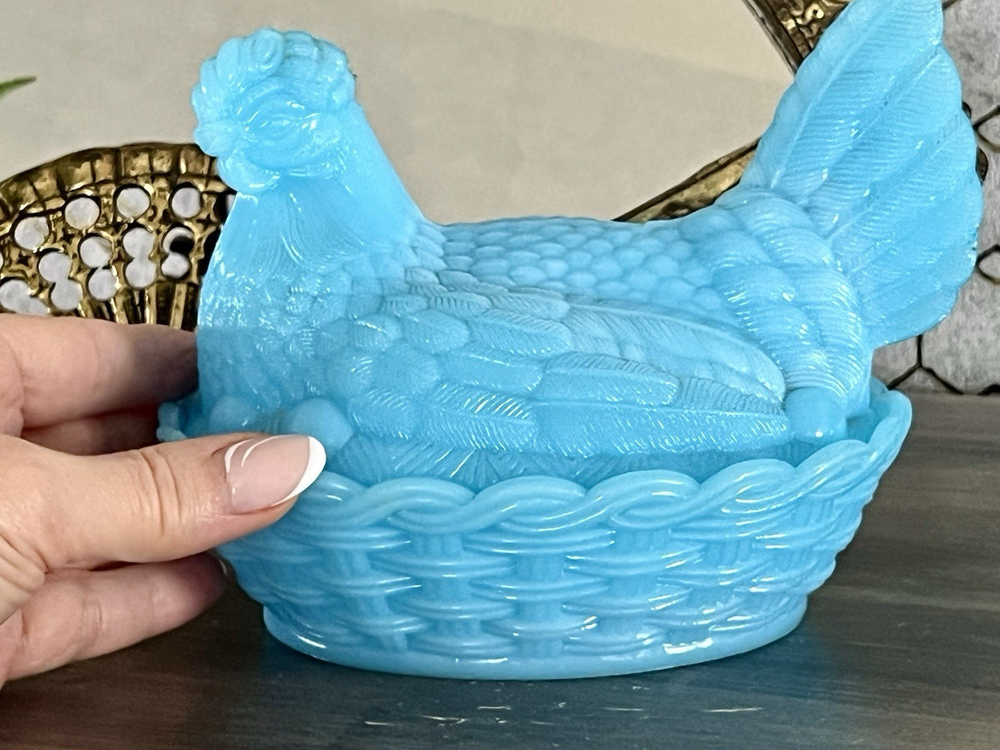 Antik Jugendstil Glasdose Dose Opalglas Deckeldose Pressglas Henne Blau