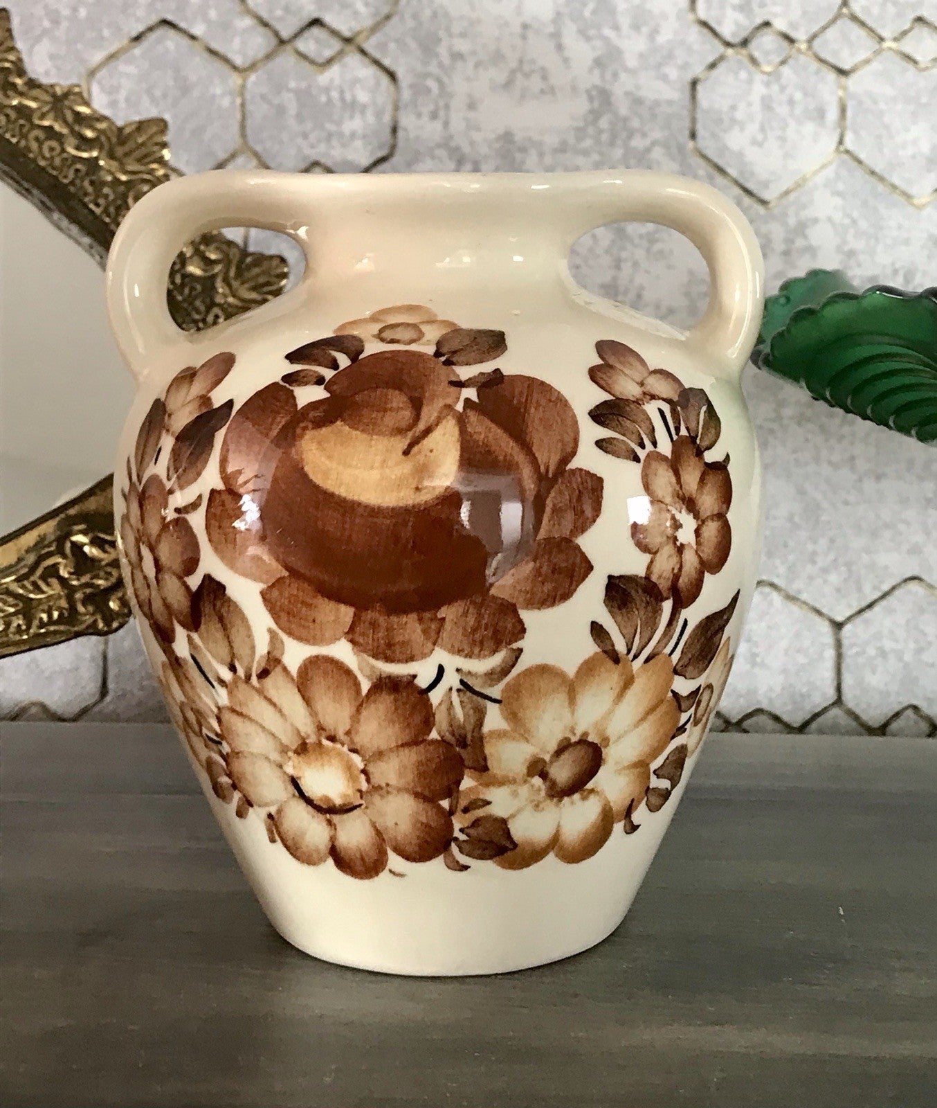 Vintage Fayence Keramik  Vase handbemalt ZF Kolo Polen 50er 60er beige braun