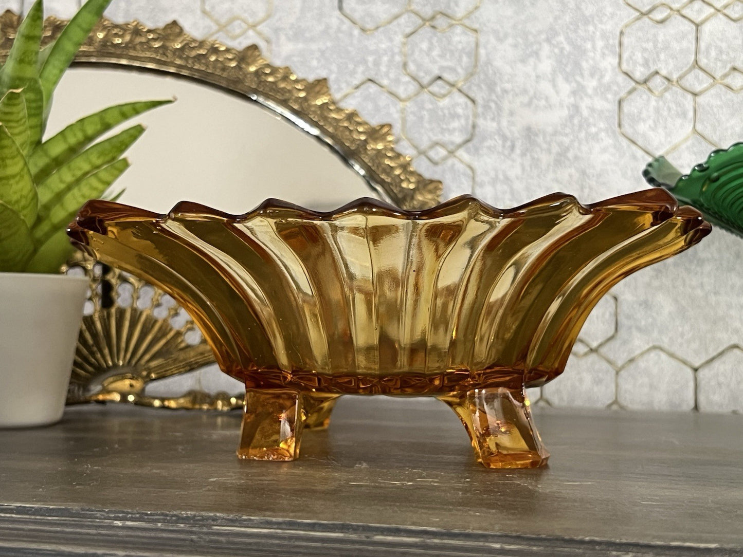 Antik Jardiniere Brockwitz Prismen Bernstein gelb Art Déco Schale Pressglas Glas