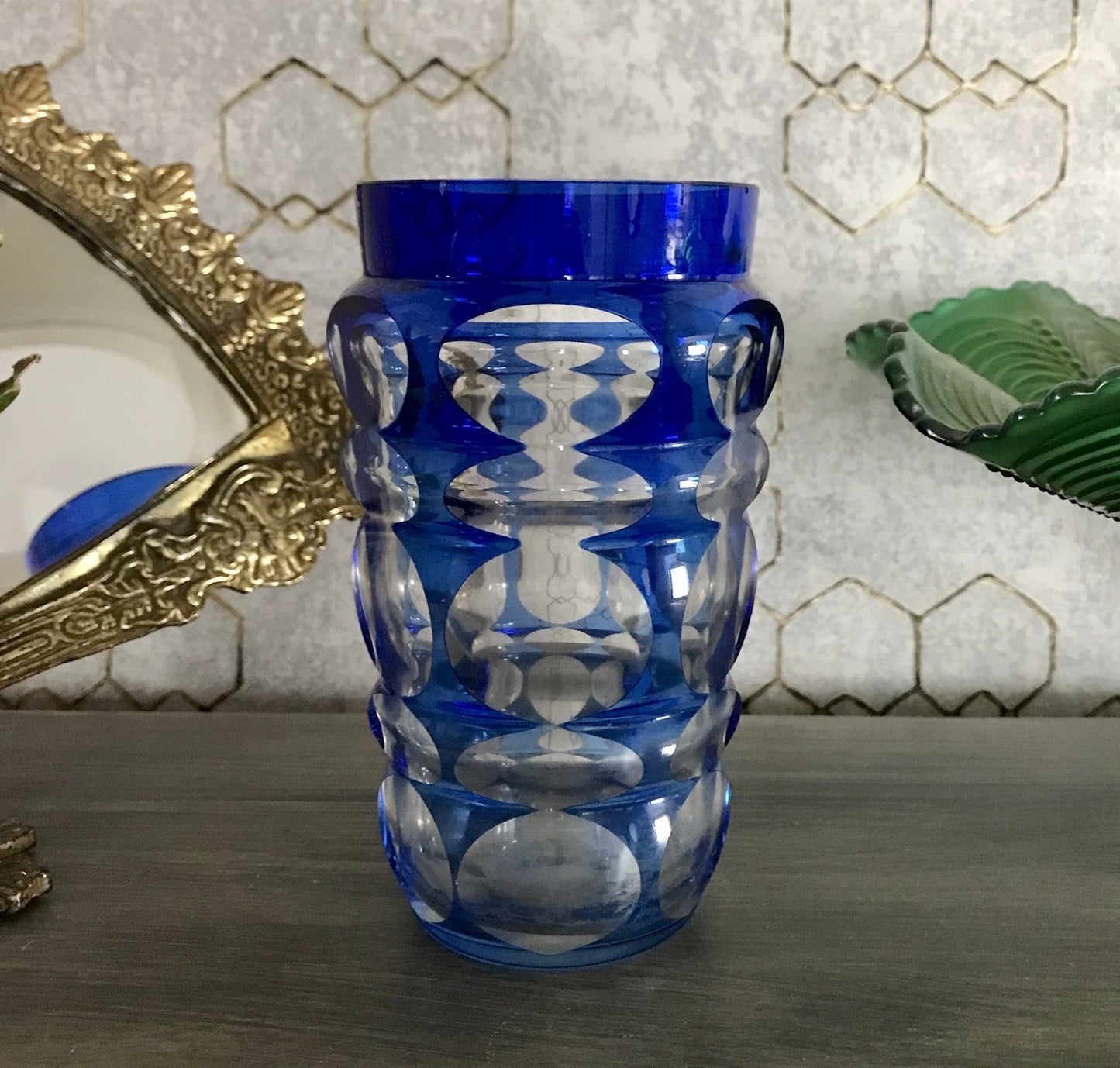 Antik? Art Déco Vase Glasvase Vase Glas Kristallglas Entwurf Meltzer Haida blau