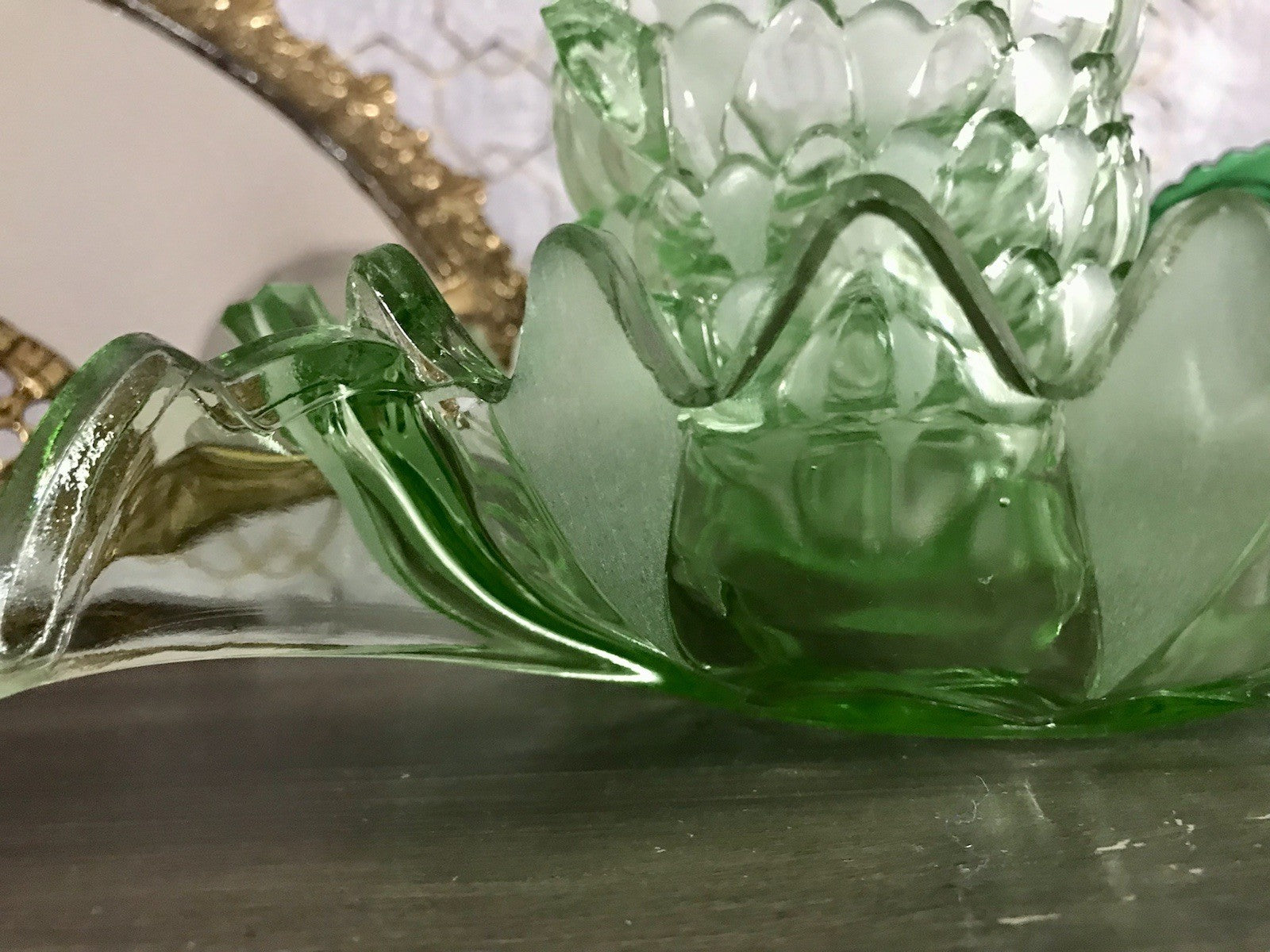 Antik Set grün Dessert Kompott Eis Schale 5x Schälchen Pressglas Art Déco Griffe