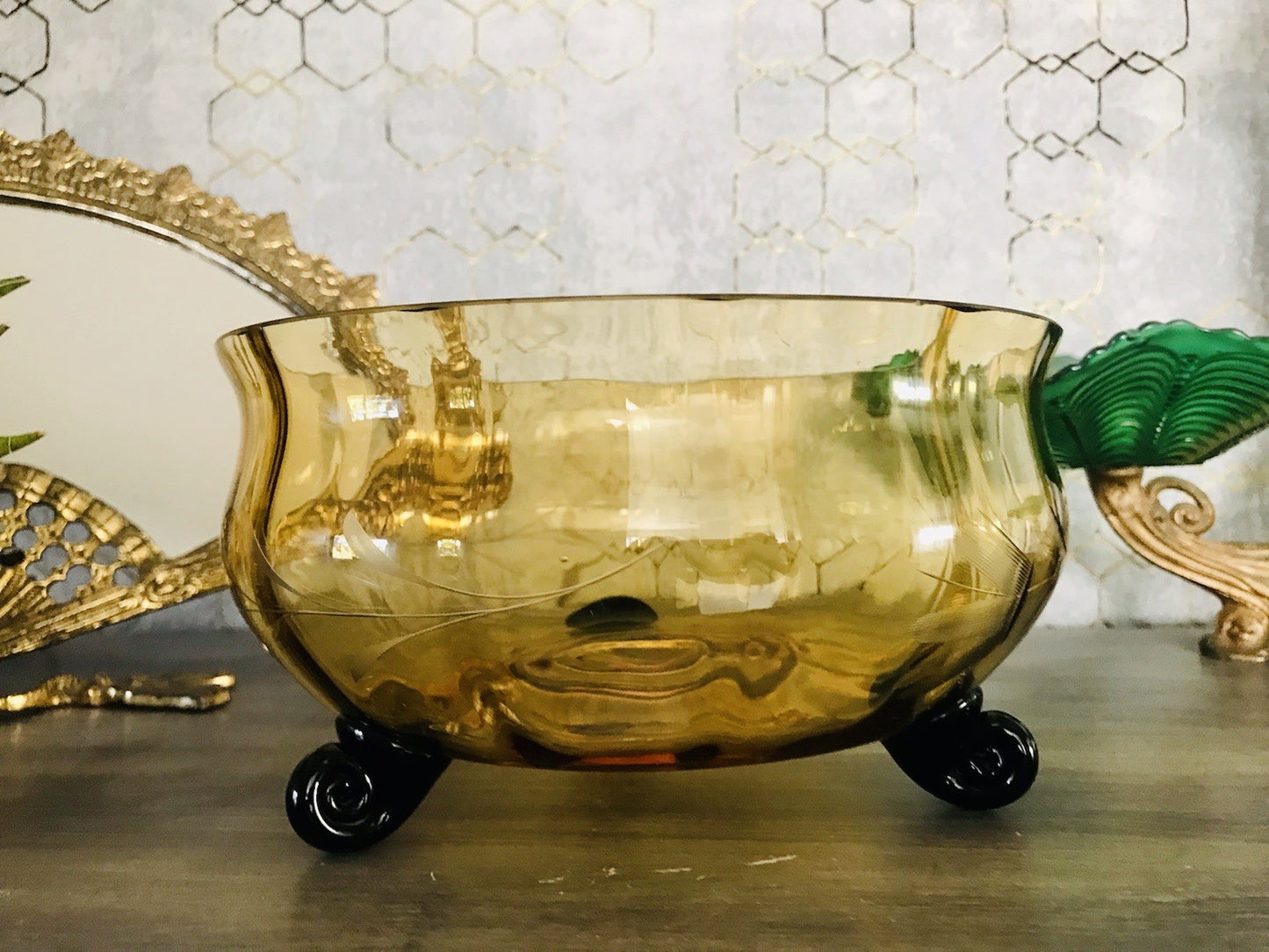 Antik Art Déco Schale Glasschale Bernstein Gelb schwarz Glas gerippt & Schliff